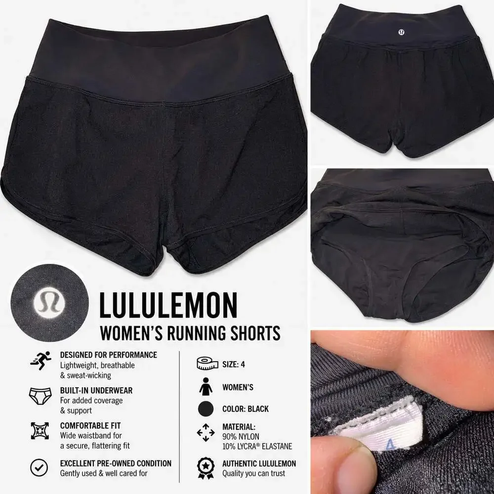 Lululemon Women's Black Athletic Running Shorts with Built-In Liner Size 4